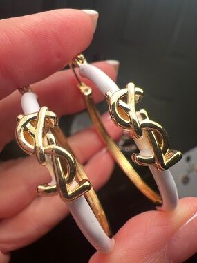 White and Gold Hoop Earrings with Interlocking Logo Accent